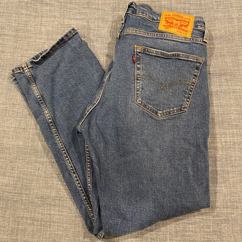 Levi Strauss 505 Mens Jeans 34x30 Blue Medium Wash Regular Fit Denim Workwear